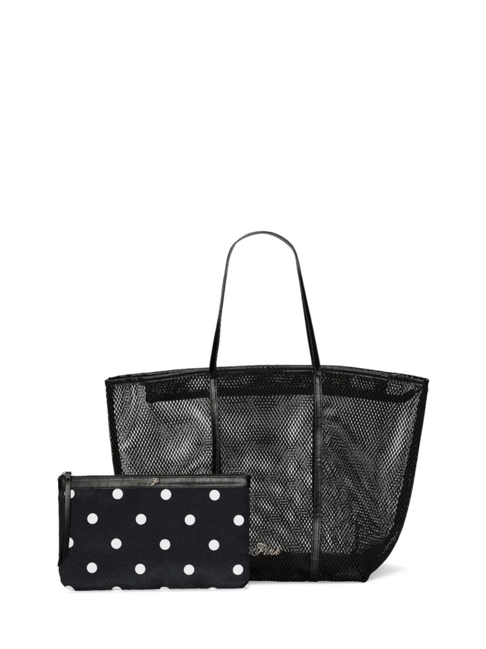 Victoria secret pink Black Mesh Tote Bag with Polka Dot Pouch